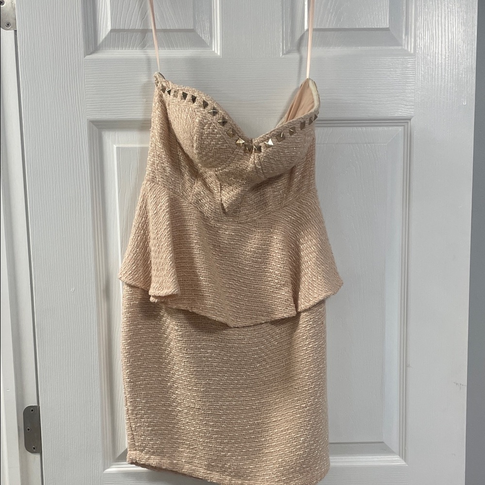 Sugarlips pale blush shimmer Strapless Dress with rose gold studs